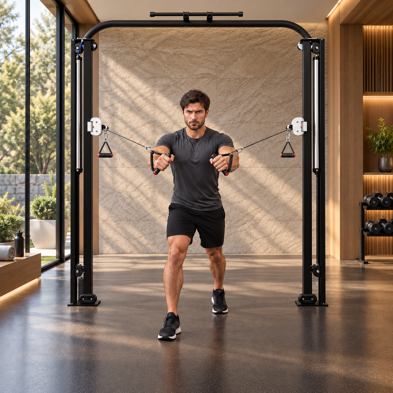 Rendering of a man training with the Flexline Dual Floor cable system