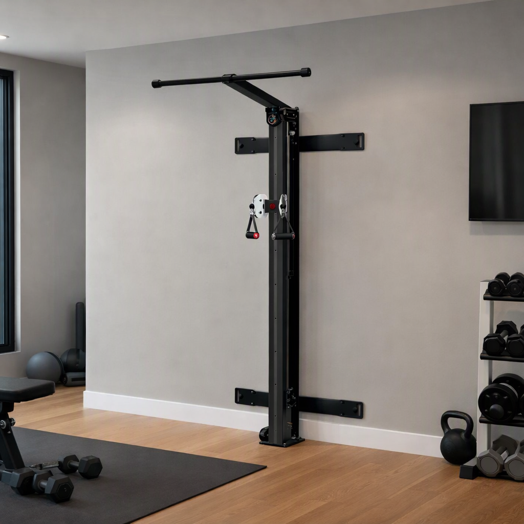 Rendering of the Flexline SPULL package with pull-up bar and wall brackets in a home gym
