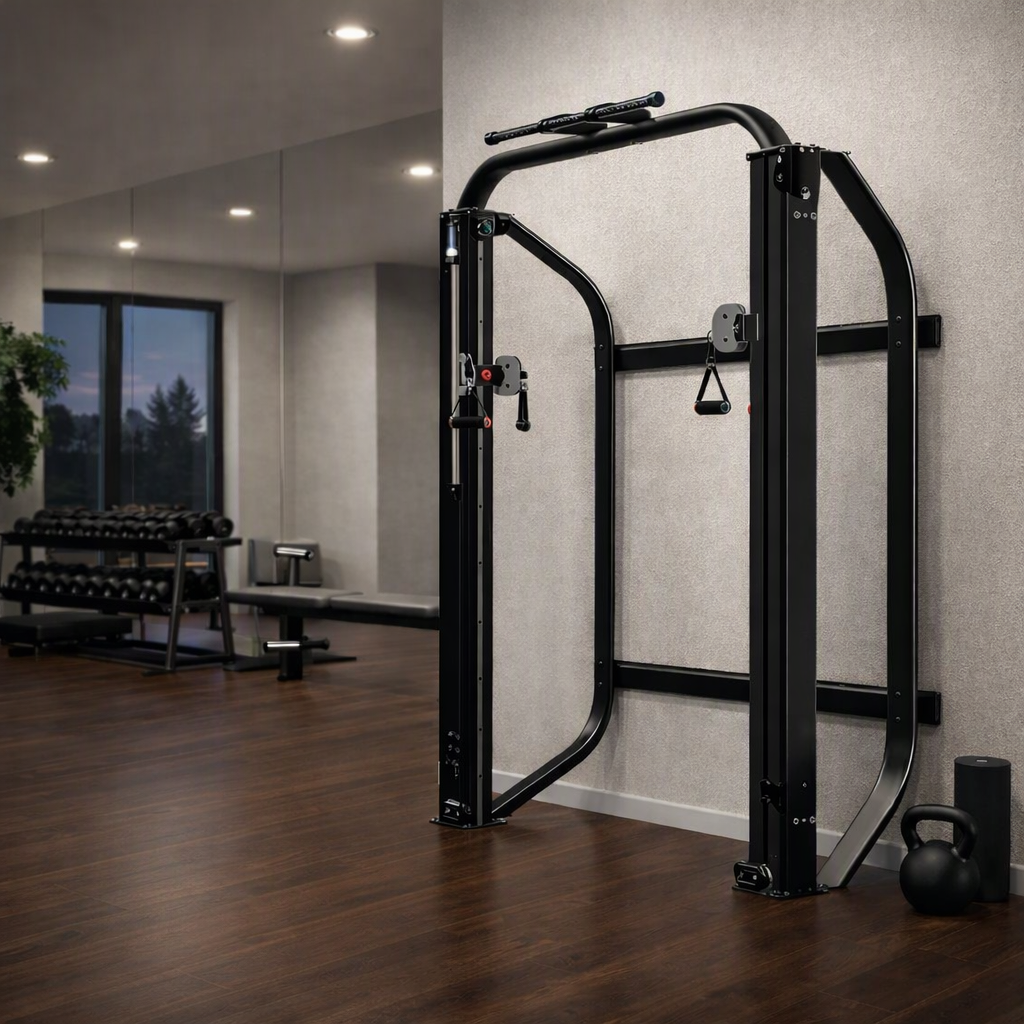 Rendering of a wall-mounted Flexline dual-post system in a home gym